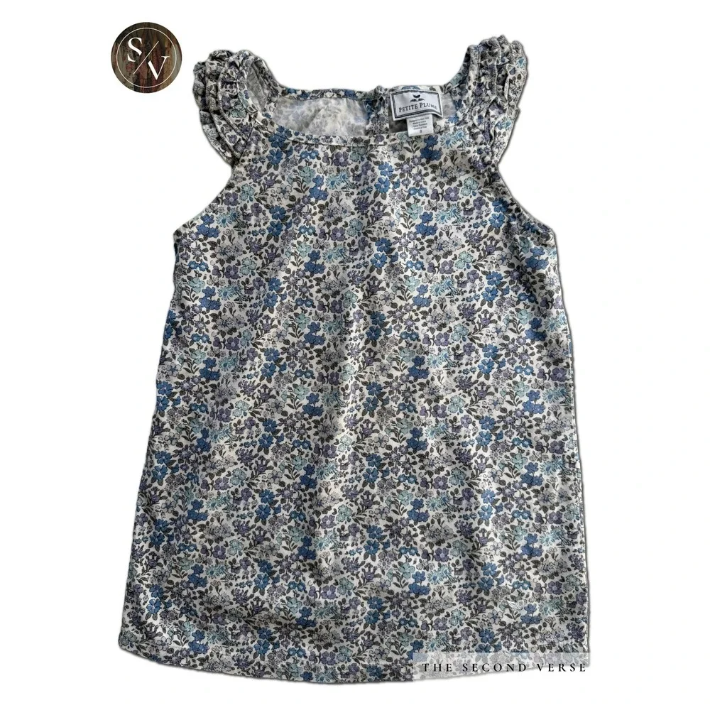 Petite Plume Girls Blue Floral Ruffle Sleeveless Sleepwear Top Whimsy Size 8